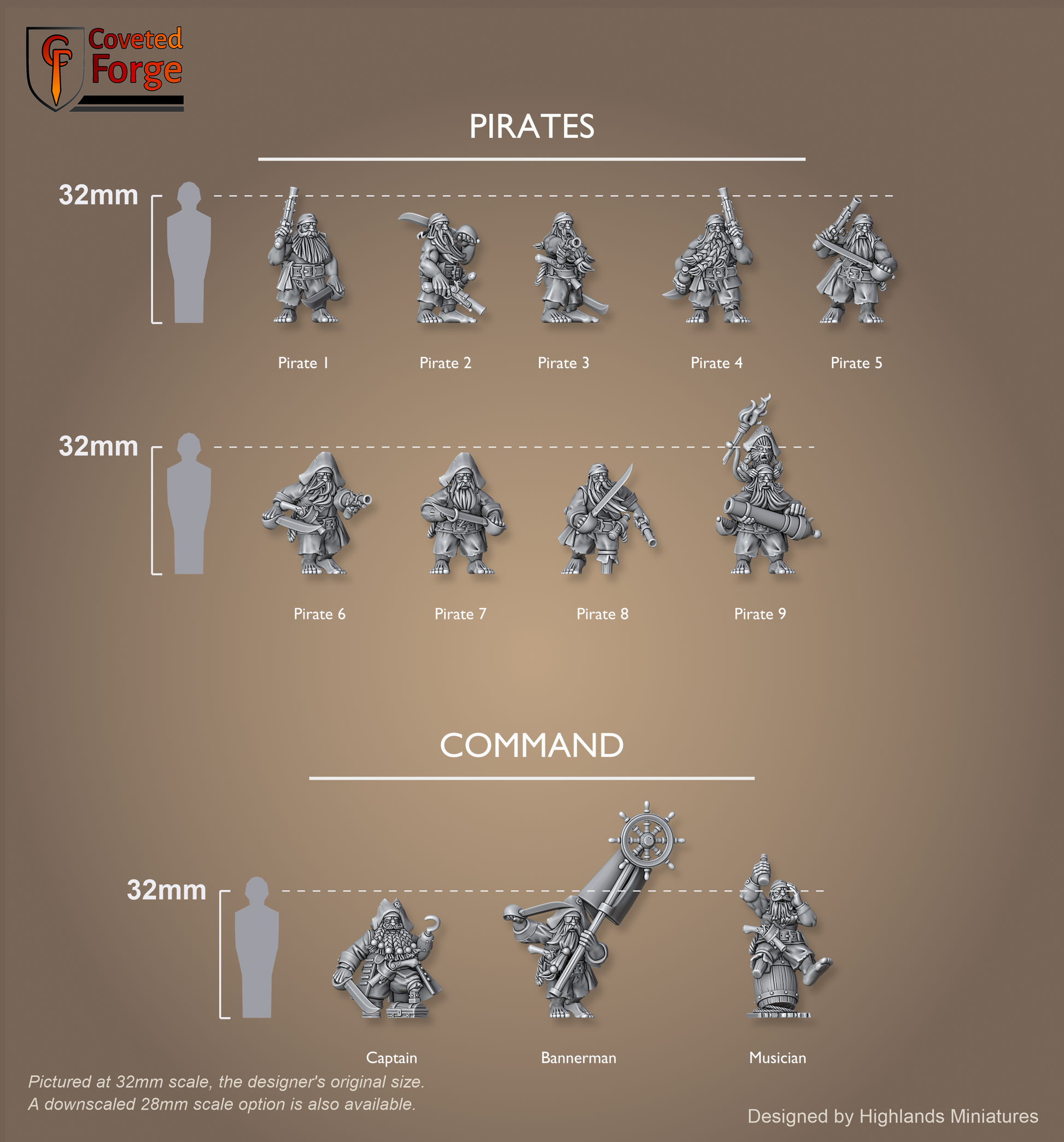 Dwarf Pirates scale lineup, all poses with a 32mm human and bracket for scale