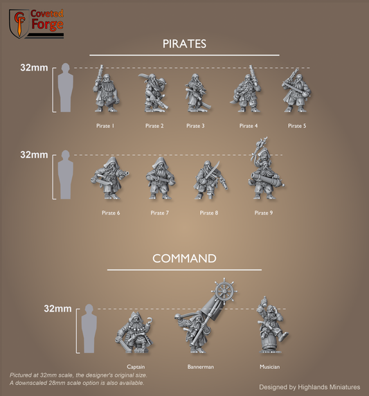 Dwarf Pirates scale lineup, all poses with a 32mm human and bracket for scale