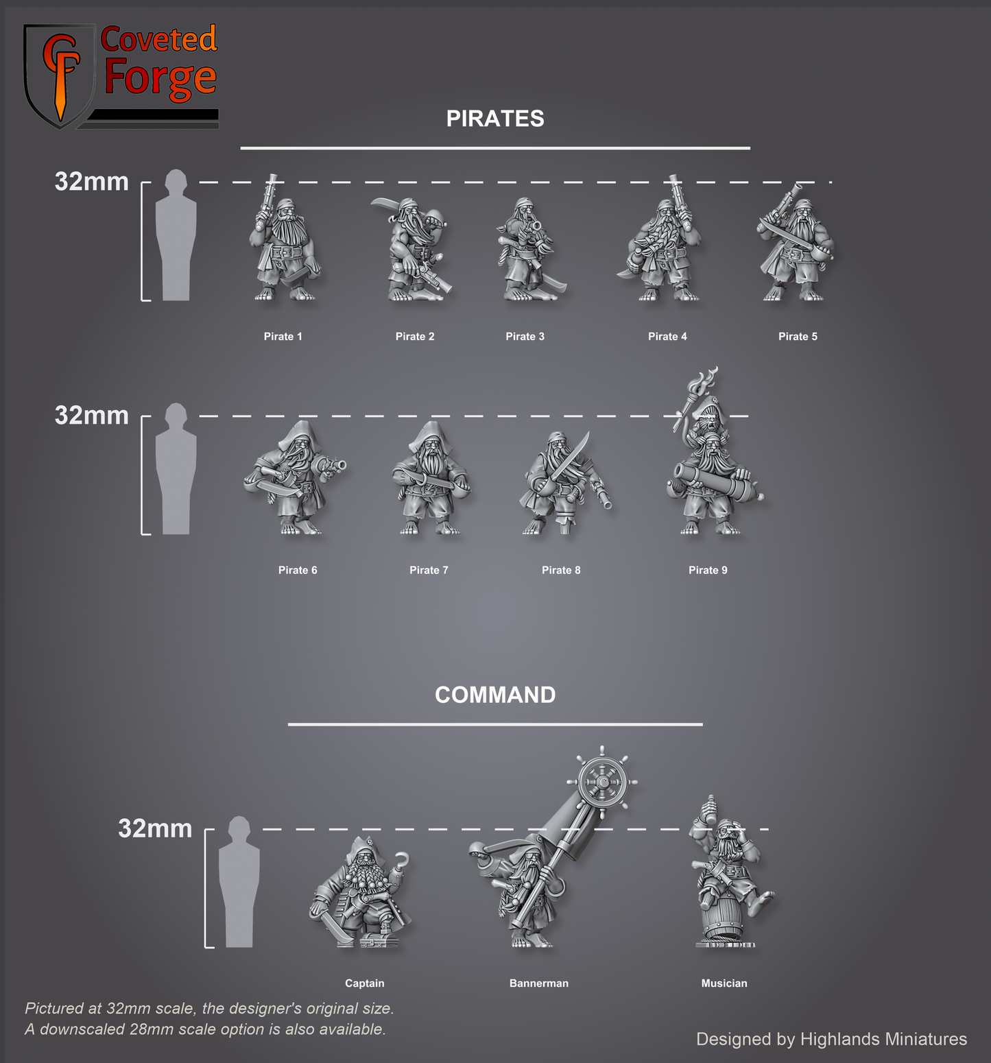 Dwarf Pirates scale lineup, all poses with a 32mm human and bracket for scale