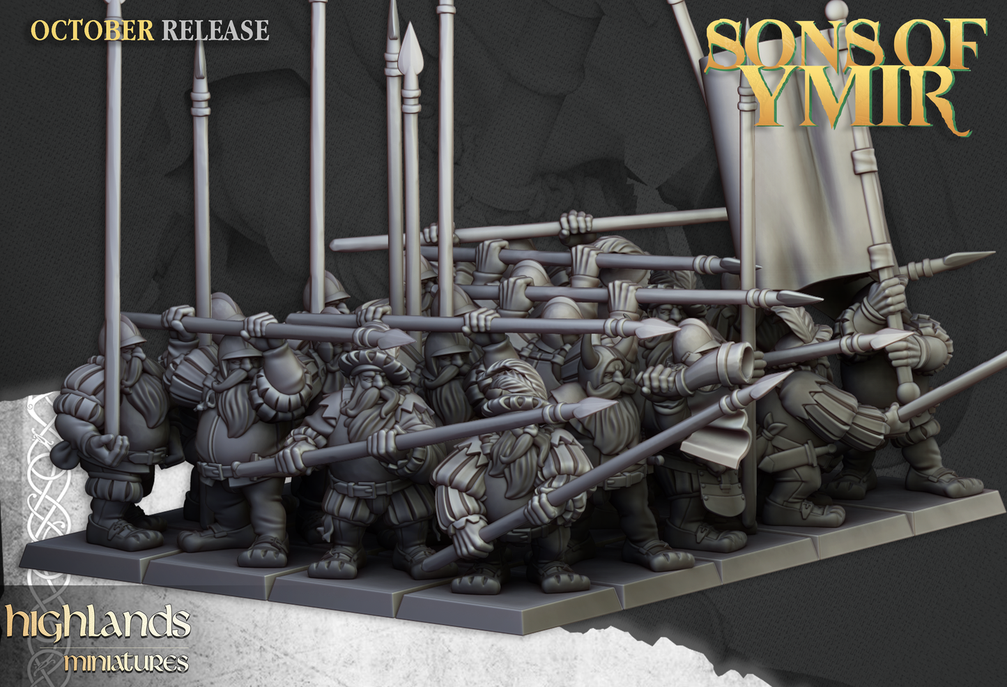 Dwarf Pikemen regiment with long pikes and command