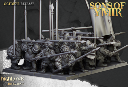 Dwarf Pikemen regiment with long pikes and command