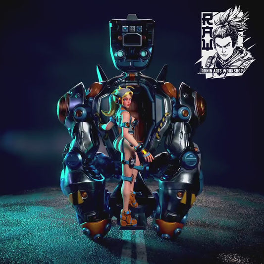 Cyberpunk Girl with Mech | Silverback and Jane | 32mm, 54mm, 75mm Scale | Resin 3D Printed Miniature | Ronin Arts Workshop