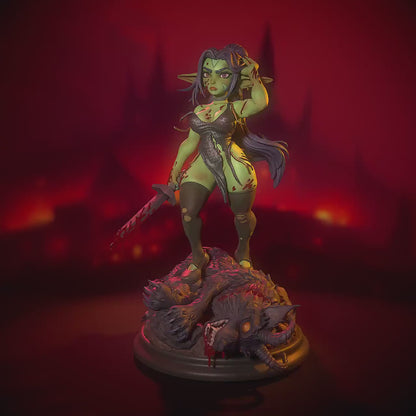 Goblin Warrior Pinup (Amelia) | Nude or Clothed | 75/120mm Scale | Resin 3D Printed Miniature | Ronin Arts Workshop
