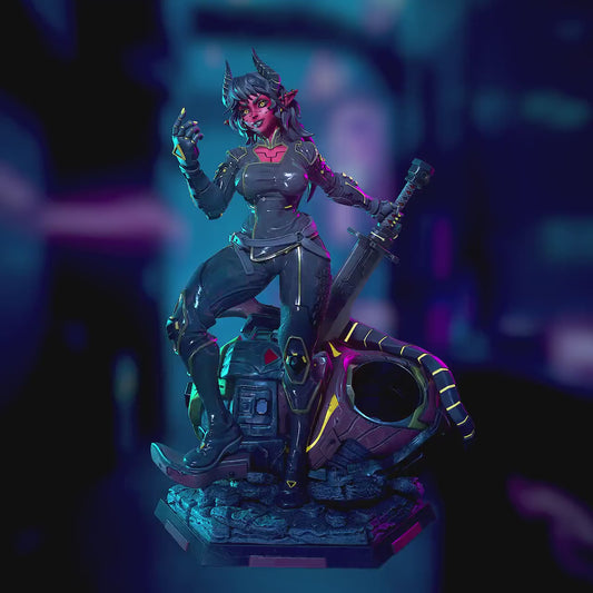 Cyberpunk Oni - Lynn | Pen Holder | Clothed or Nude | Resin 3D Printed Pinup | Ronin Arts Workshop