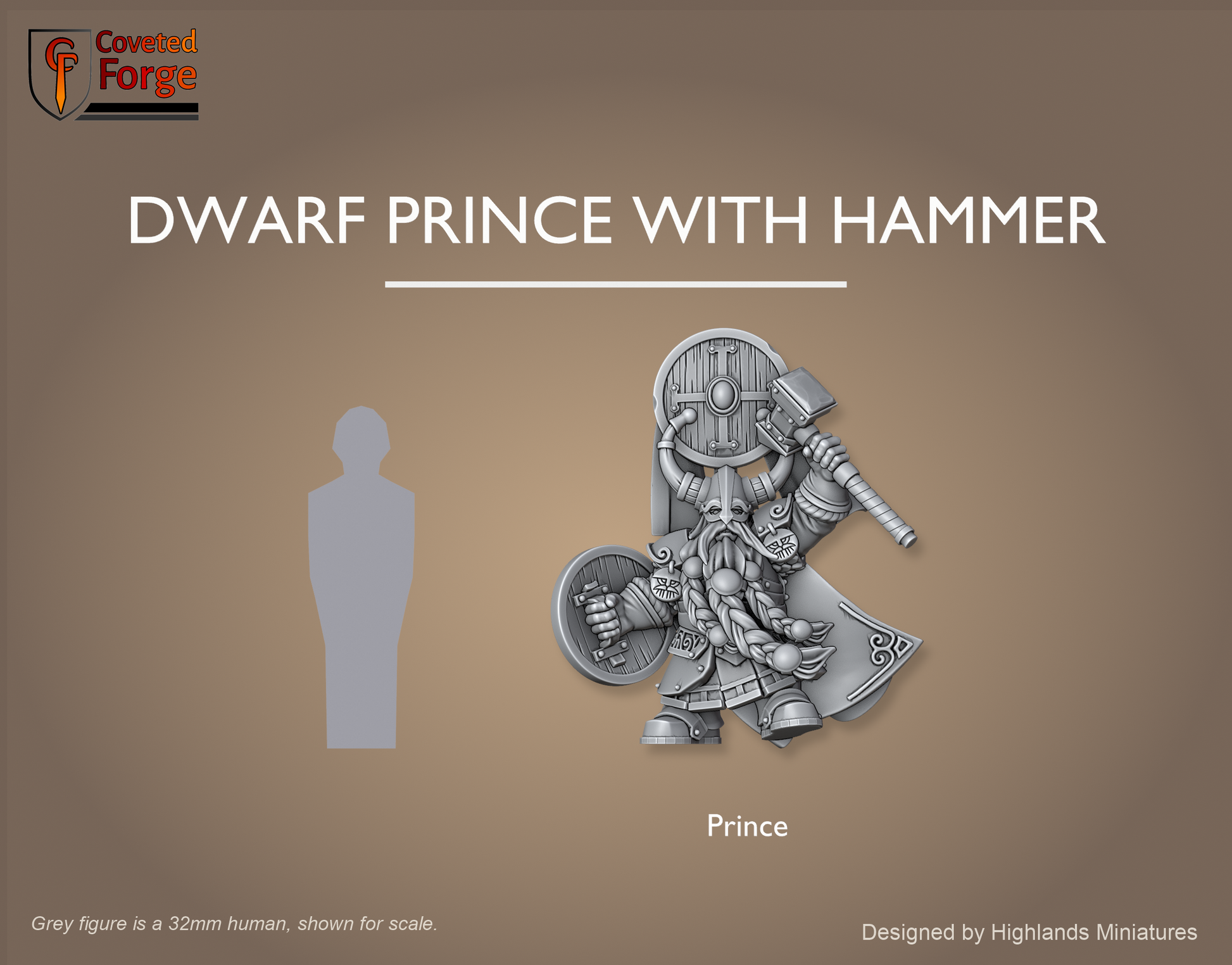 Dwarf Prince with Hammer beside a 32mm human silhouette for scale
