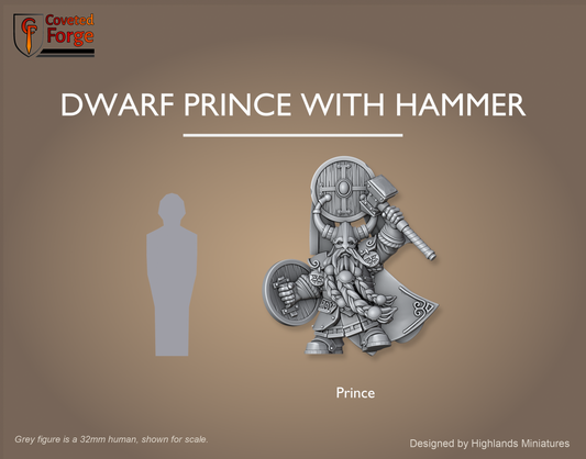 Dwarf Prince with Hammer beside a 32mm human silhouette for scale