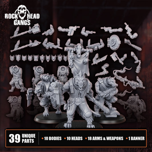 Rabid Godhound Cultists build kit, 39 parts: ten bodies, ten heads, eighteen arms and weapons and the gang banner, with three built cultists, Dakka Dakka Store render