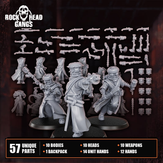 Voidmonks of Delak build kit, 57 parts: ten bodies, ten dome helmets, ten weapons, a backpack, fourteen unit hands and twelve hands, with three built monks, Dakka Dakka Store render