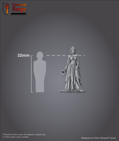 Scale reference: Queen Eiraina Silversprout at 32mm scale beside a 32mm human silhouette