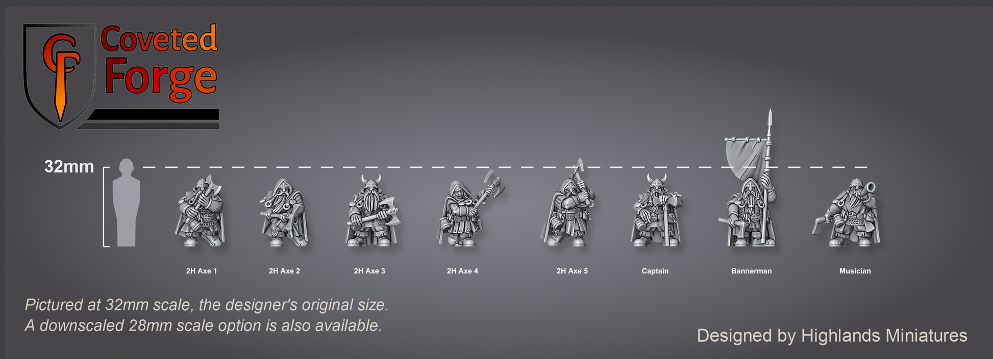 Dwarf Two-Handed Axe Rangers scale lineup with command and a 32mm human silhouette for scale