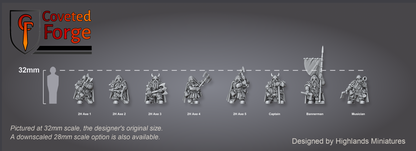 Dwarf Two-Handed Axe Rangers scale lineup with command and a 32mm human silhouette for scale