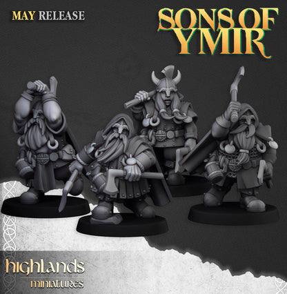 Dwarf throwing axe rangers, four posed skirmishers