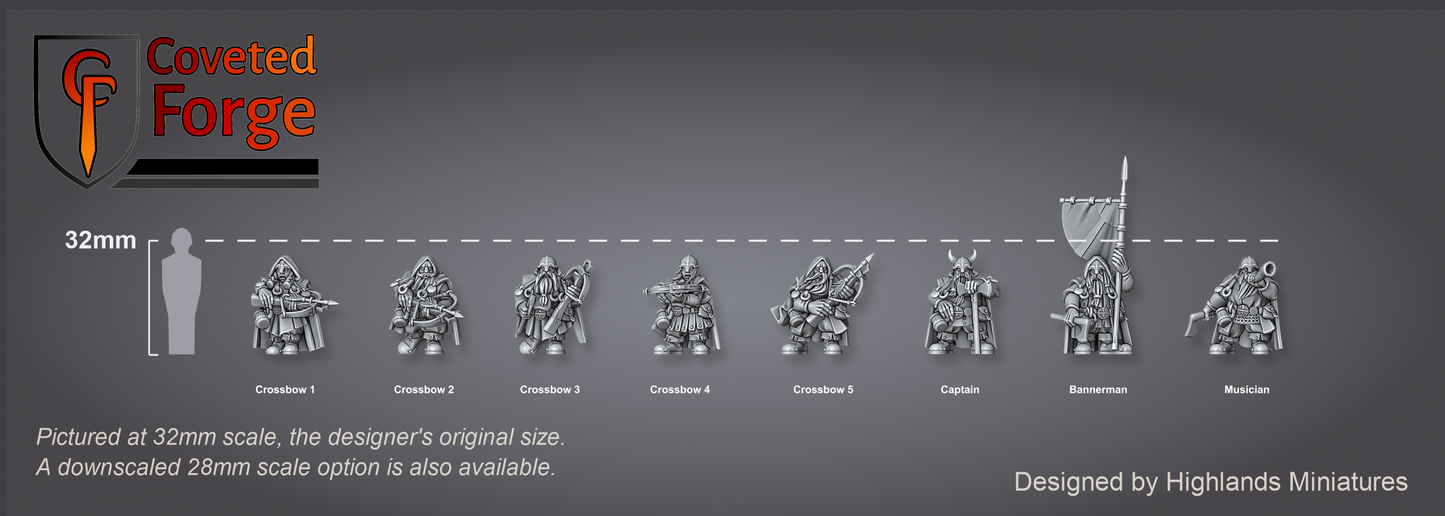 Dwarf Crossbow Rangers scale lineup with command and a 32mm human silhouette for scale