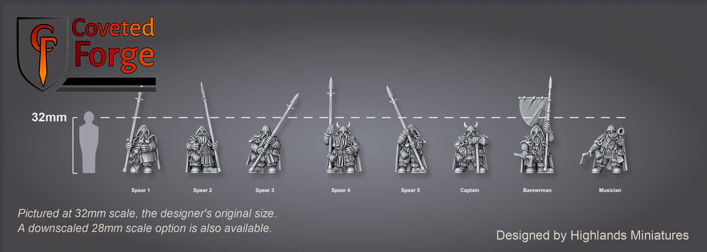 Dwarf Spear Rangers scale lineup with command and a 32mm human silhouette for scale