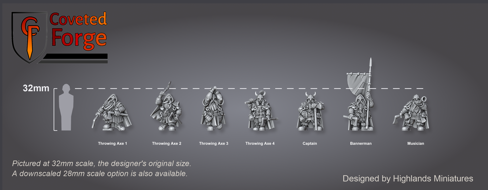 Dwarf Throwing Axe Rangers scale lineup with command and a 32mm human silhouette for scale