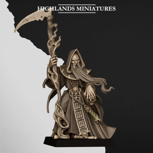 Rasputin the Necromancer, hooded undead necromancer with a bone scythe-staff, front view, resin miniature by Highlands Miniatures