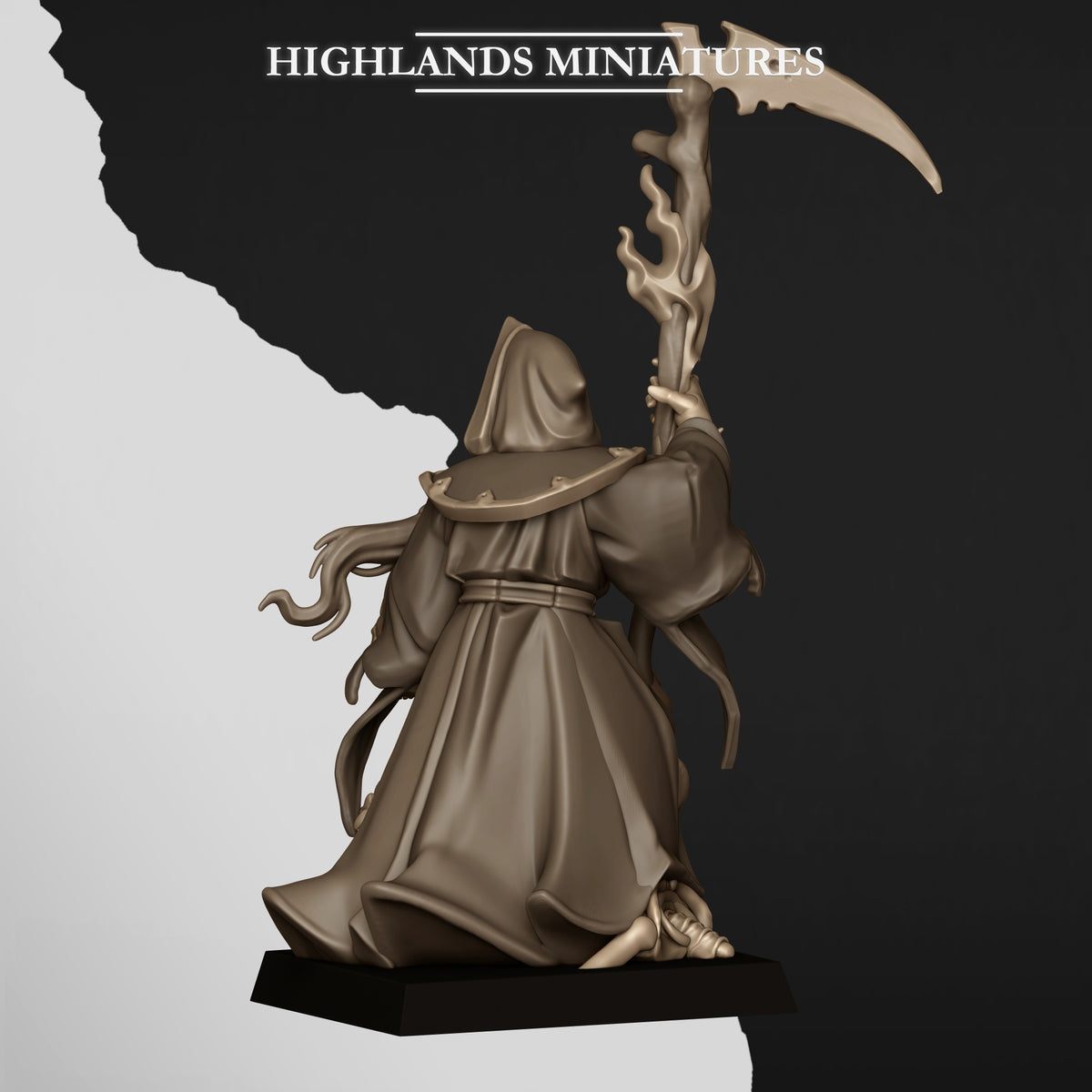 Rasputin the Necromancer, rear view of the robes and scythe-staff, Highlands Miniatures render