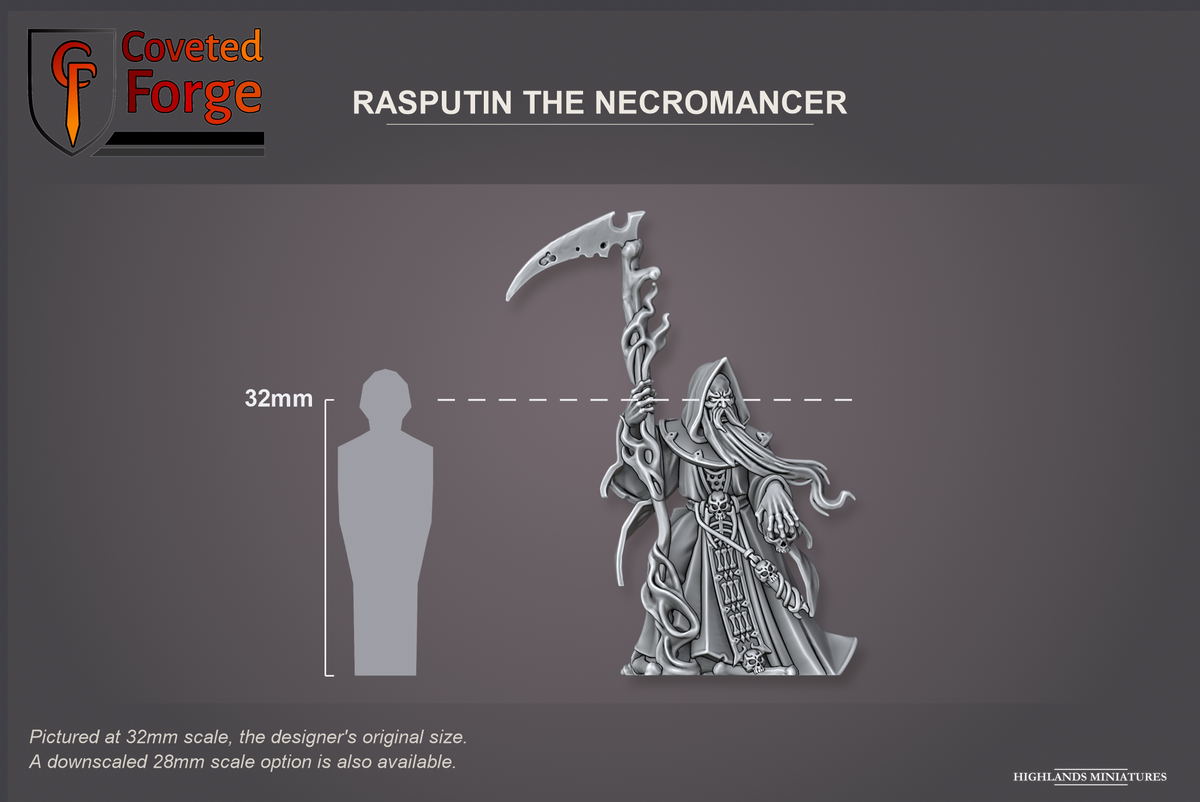 Coveted Forge scale reference: Rasputin the Necromancer, front three-quarter view, beside a 32mm human silhouette; pictured at 32mm, the original scale, a downscaled 28mm option is also available