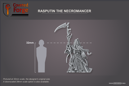 Coveted Forge scale reference: Rasputin the Necromancer, front three-quarter view, beside a 32mm human silhouette; pictured at 32mm, the original scale, a downscaled 28mm option is also available