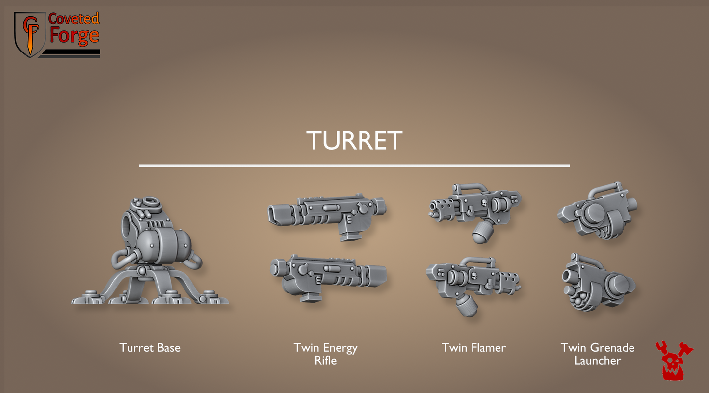 Ravenswatch Autoturret: base plus three twin weapon options (Twin Energy Rifle, Twin Flamer, Twin Grenade Launcher)
