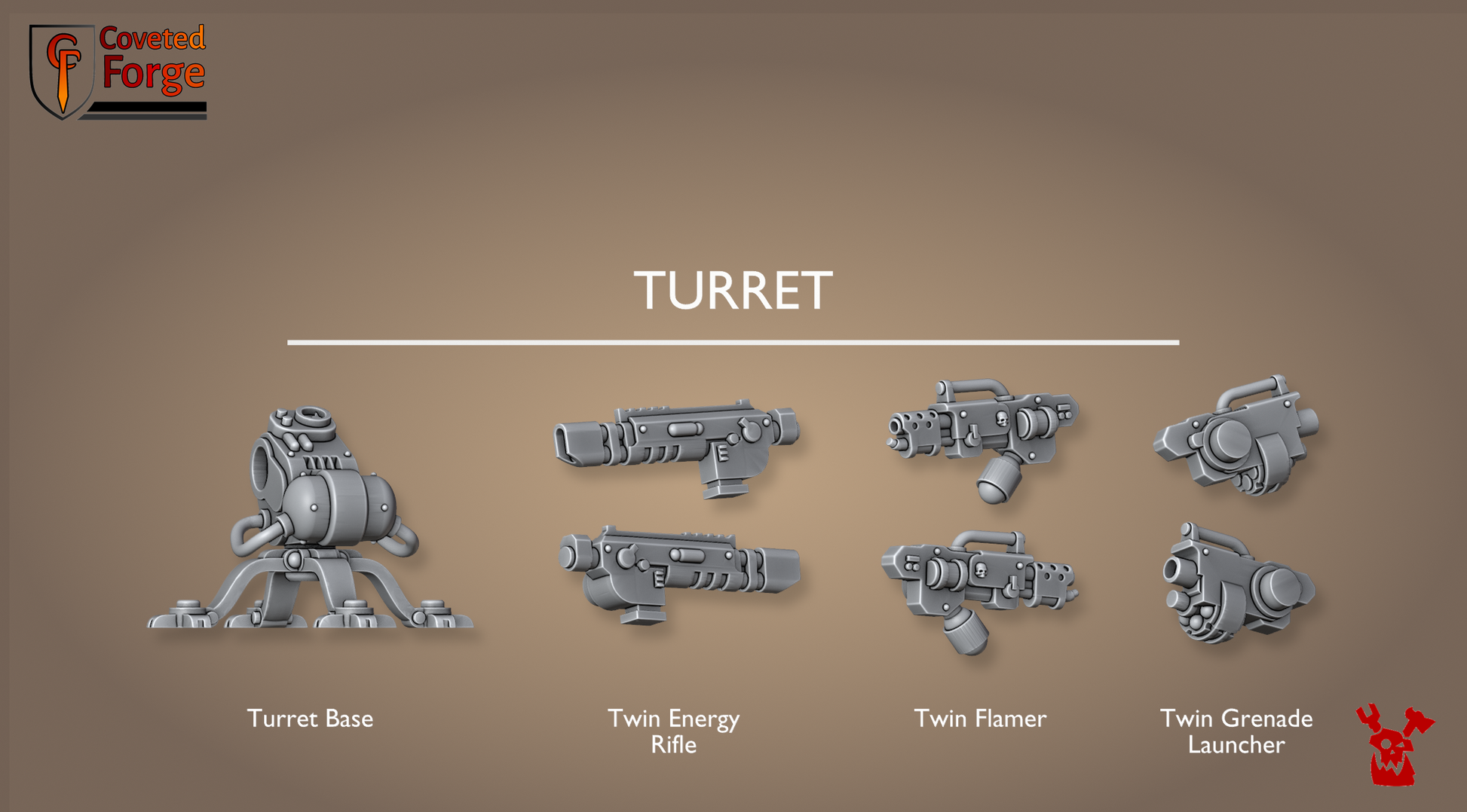 Ravenswatch Autoturret: base plus three twin weapon options (Twin Energy Rifle, Twin Flamer, Twin Grenade Launcher)