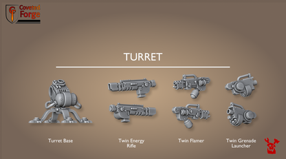 Ravenswatch Autoturret: base plus three twin weapon options (Twin Energy Rifle, Twin Flamer, Twin Grenade Launcher)