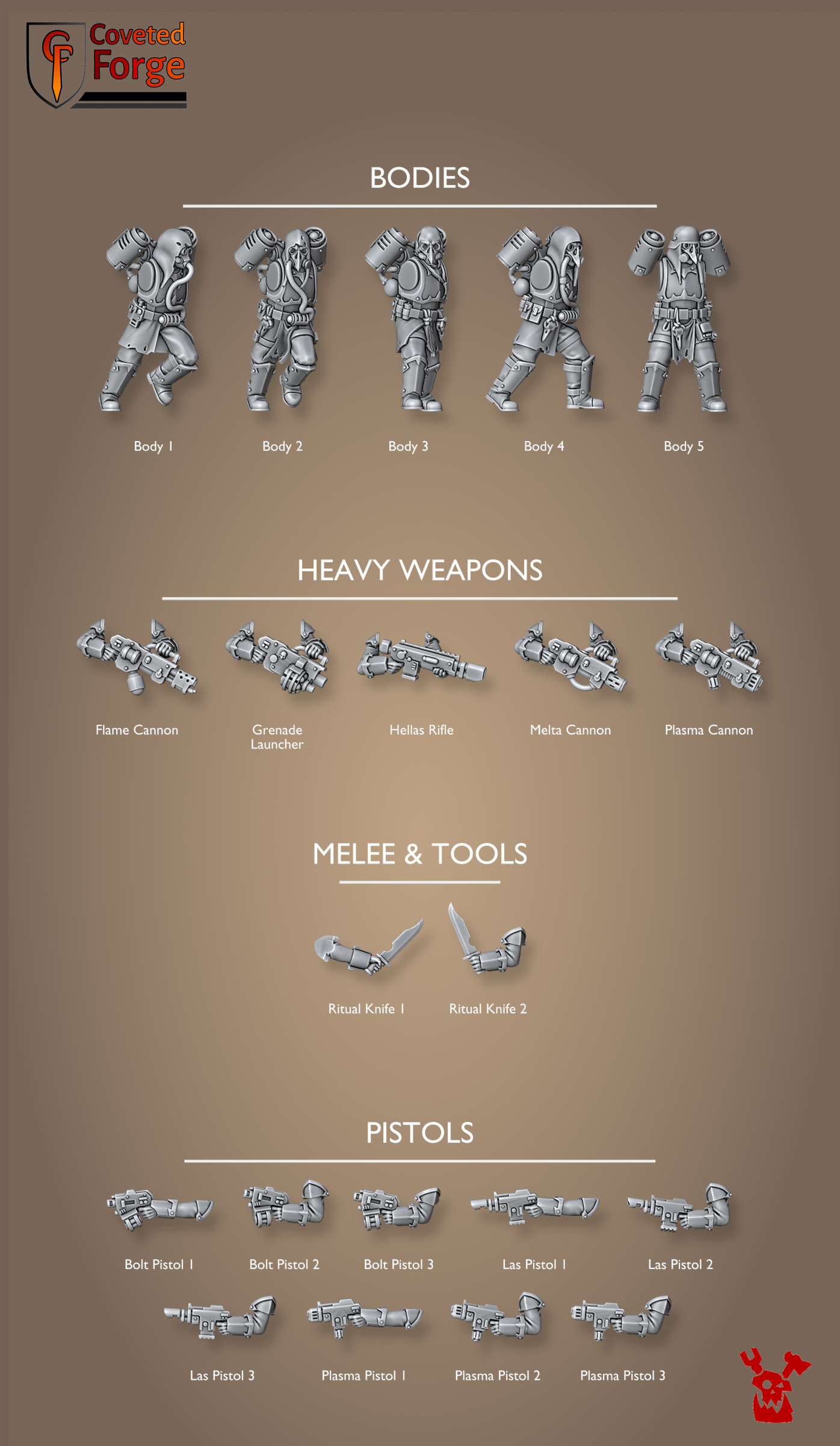 Ravenswatch Cultists build-kit parts sheet: five bodies, bolt/las/plasma pistols, ritual knives and heavy weapons, each labeled, by Dakka Dakka Store