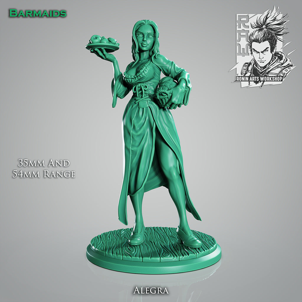 Barmaid Alegra | Multiple Scales | Resin 3D Printed Miniature | Ronin Arts Workshop