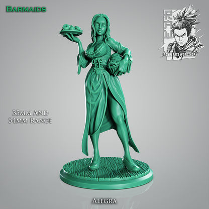 Barmaid Alegra | Multiple Scales | Resin 3D Printed Miniature | Ronin Arts Workshop