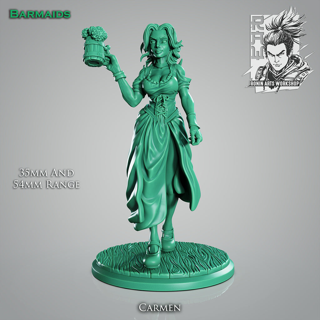 Barmaid Carmen | Multiple Scales | Resin 3D Printed Miniature | Ronin Arts Workshop