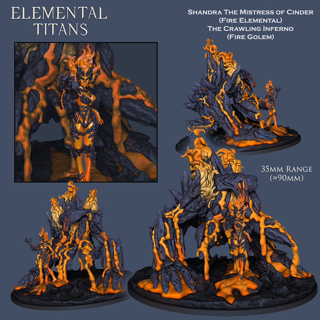 Shandra, Mistress of Cinders + Crawling Inferno | Huge Fire Golem | Elementals | Resin 3D Printed Mini | Ronin Arts Workshop | DnD