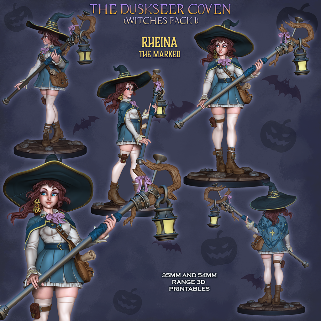 Rheina the Marked, colour views front, side, back and close-up, Duskseer Coven witch miniature with wide witch hat and lantern staff on her rocky scenic base, designer render by Ronin Arts Workshop.