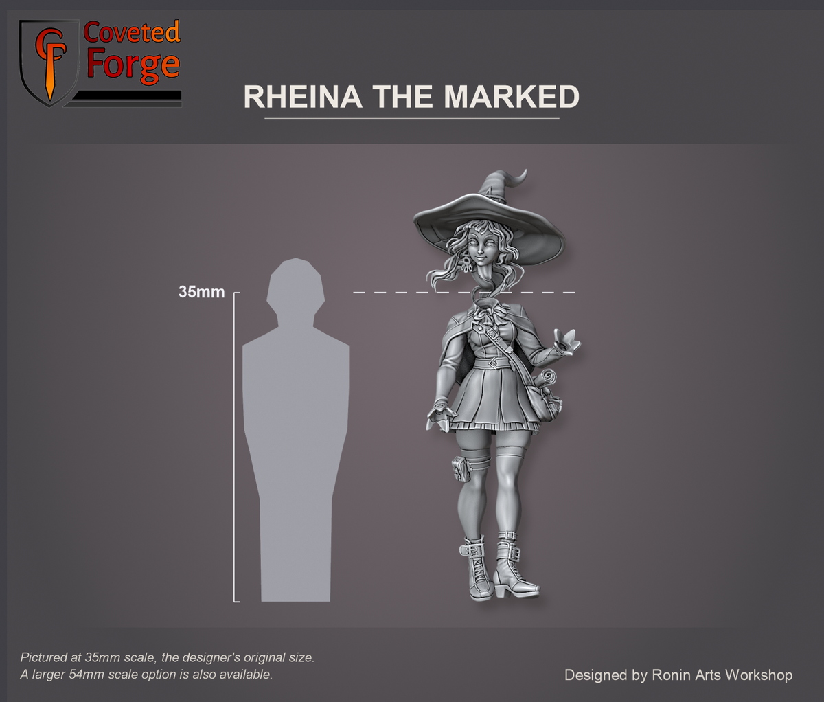 Coveted Forge scale reference: Rheina the Marked's body at 35mm scale with her separate hatted head floated just above it, beside a 35mm human silhouette; also offered at 54mm