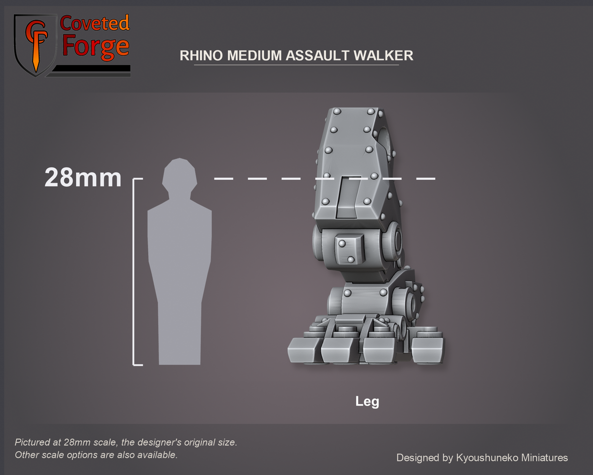 Coveted Forge scale reference: one Rhino Medium Assault Walker leg at 28mm beside a 28mm human silhouette; the body, turret, second leg, rocket pods and mounts, front armour, hatches and ram-blade arm print separately and are included, not pictured (see the designer's parts sheet and 71 mm size reference); 15mm and 23mm downscales and 32mm to 54mm upscales also available.
