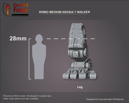 Coveted Forge scale reference: one Rhino Medium Assault Walker leg at 28mm beside a 28mm human silhouette; the body, turret, second leg, rocket pods and mounts, front armour, hatches and ram-blade arm print separately and are included, not pictured (see the designer's parts sheet and 71 mm size reference); 15mm and 23mm downscales and 32mm to 54mm upscales also available.