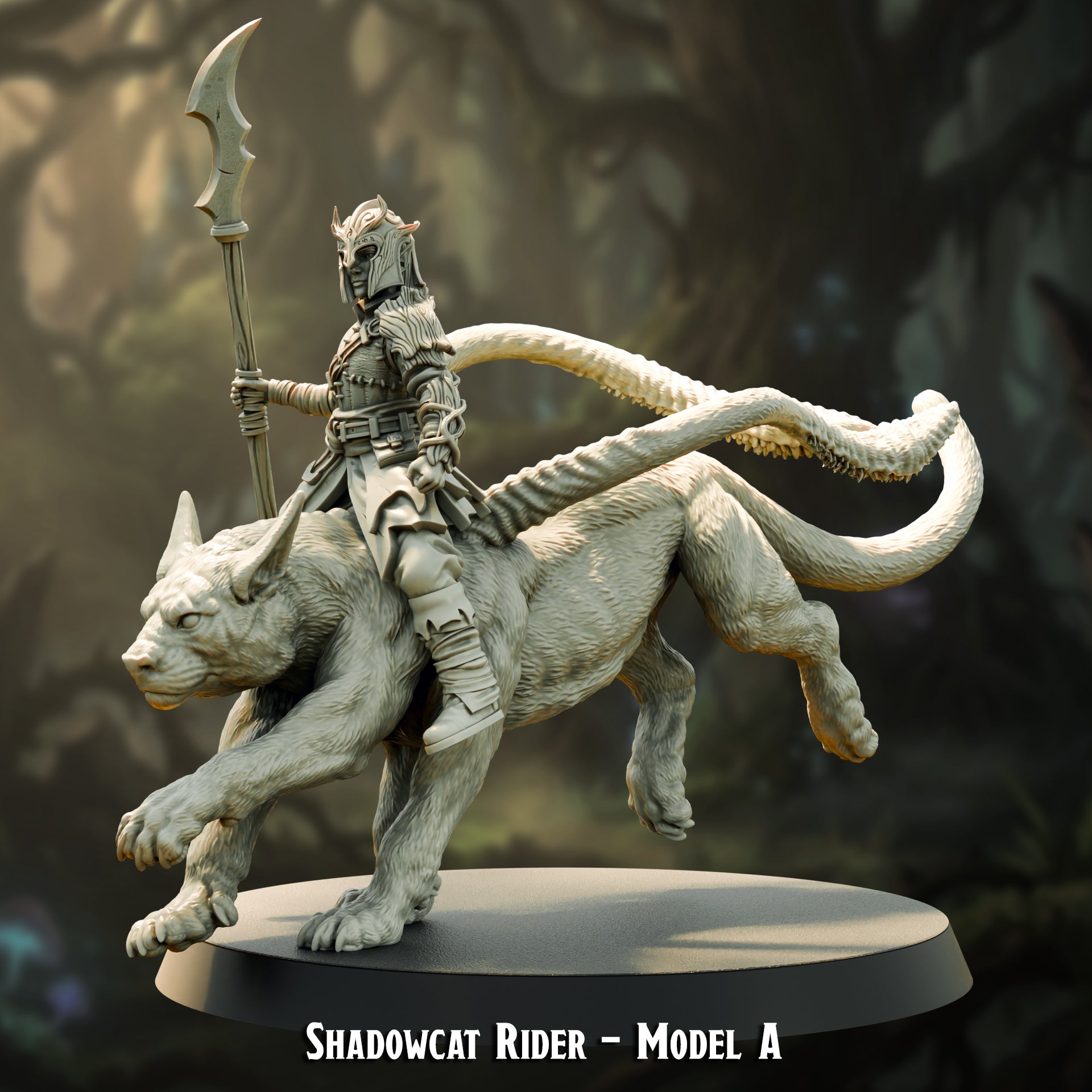 Shadowcat Rider Model A, elf rider with raised glaive on a shadowcat mount