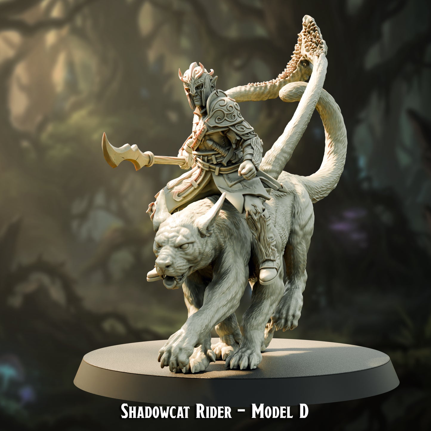 Shadowcat Rider Model D, armored elf rider with glaive on a roaring shadowcat mount