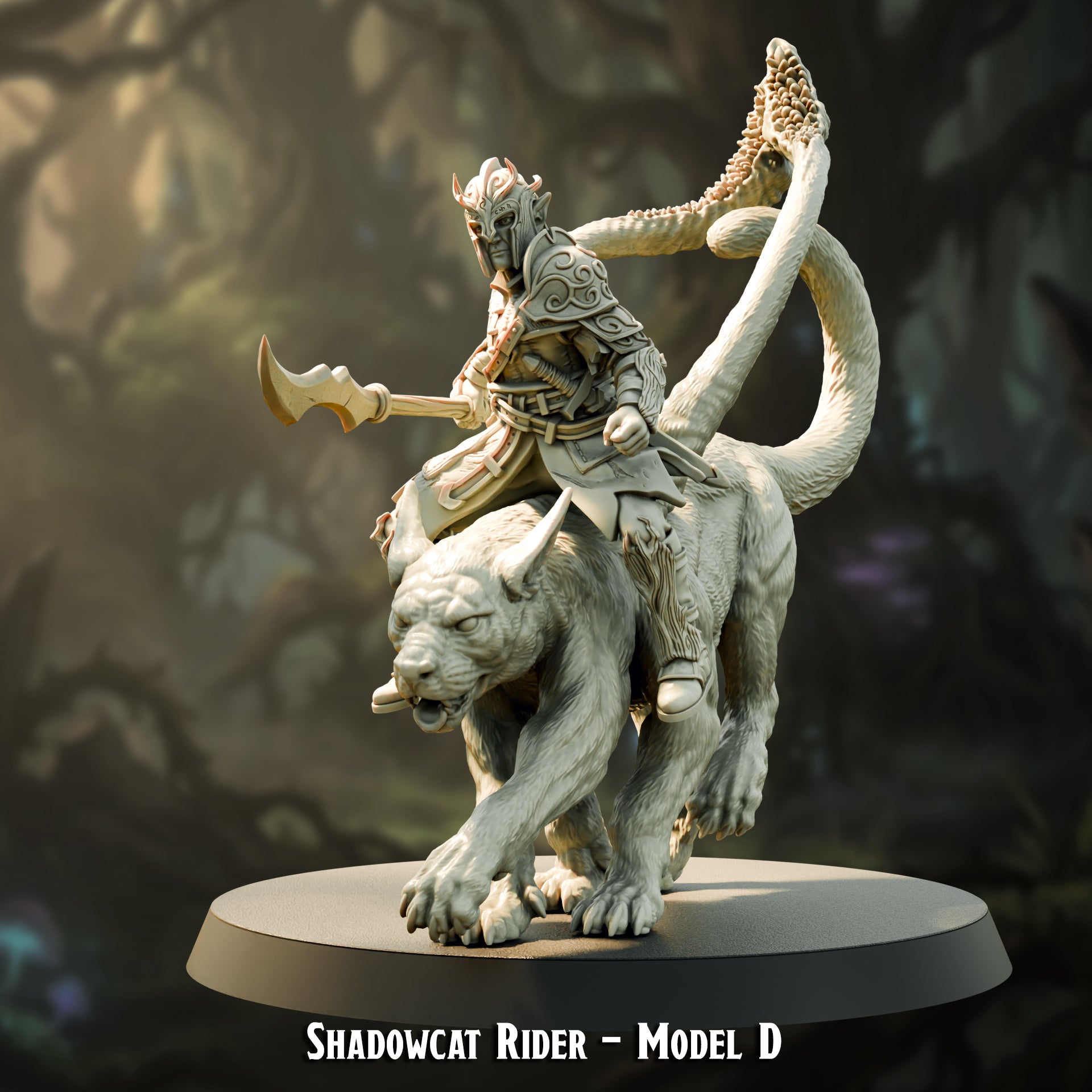 Shadowcat Rider Model D, armored elf rider with glaive on a roaring shadowcat mount