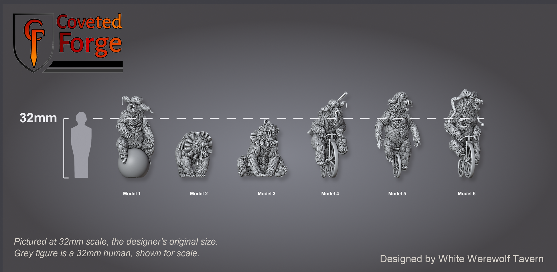 Scale reference: all six Rotting Rider models at 32mm scale beside a 32mm human silhouette