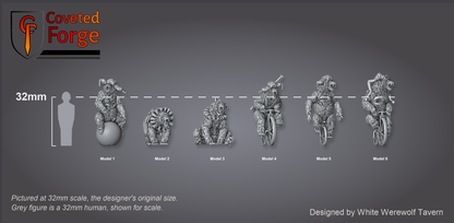 Scale reference: all six Rotting Rider models at 32mm scale beside a 32mm human silhouette