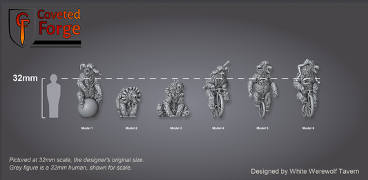 Scale reference: all six Rotting Rider models at 32mm scale beside a 32mm human silhouette