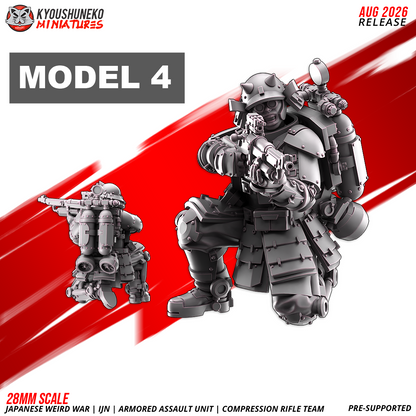 IJN Armored Assault riflemen, kneeling and firing, service rifle shouldered, 28mm resin