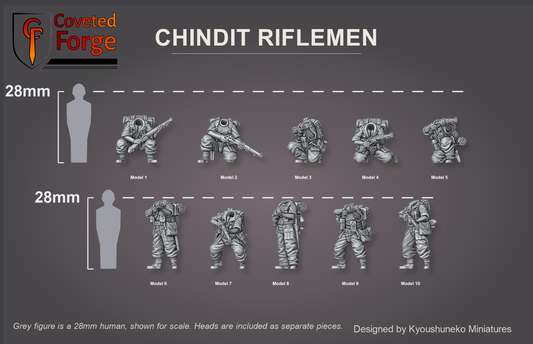 Coveted Forge scale reference: ten Chindit rifleman bodies beside a 28mm human silhouette, heads included as separate pieces