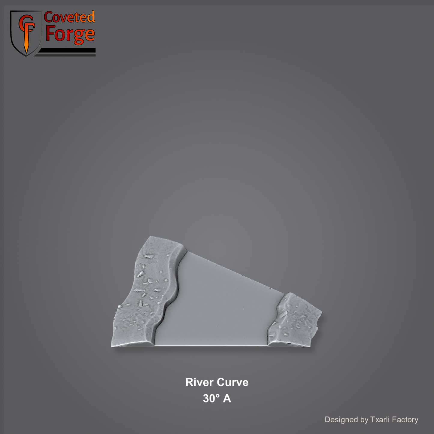 River Curve 30 degree A section of the Modular River System - a 30-degree river curve. Unpainted 3D-printed resin water terrain tile shown from a raised top-down view, 32/28/15/8mm tabletop wargaming scenery, designed by Txarli Factory.