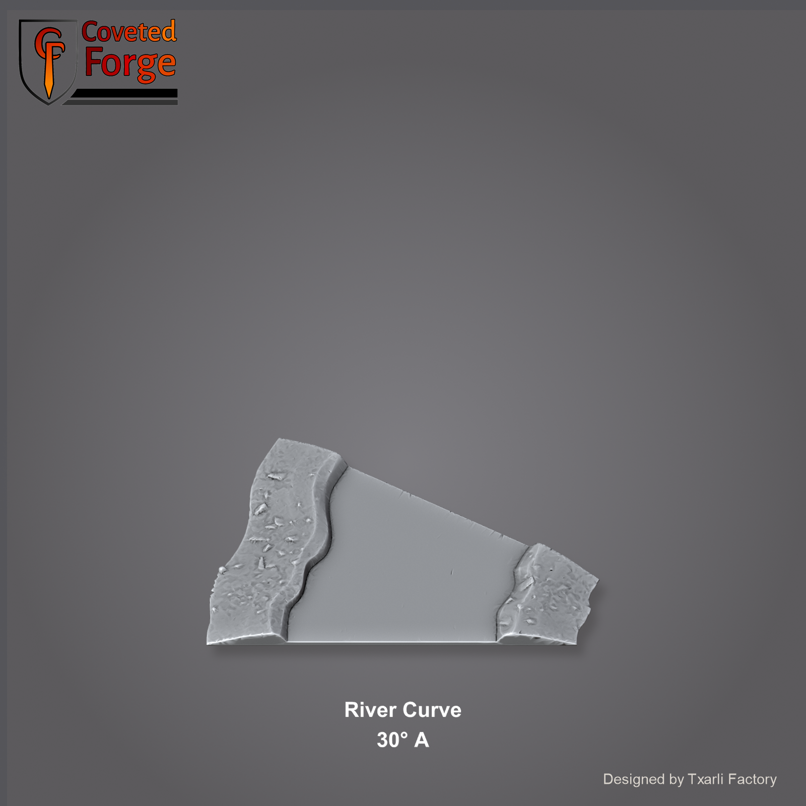 River Curve 30 degree A section of the Modular River System - a 30-degree river curve. Unpainted 3D-printed resin water terrain tile shown from a raised top-down view, 32/28/15/8mm tabletop wargaming scenery, designed by Txarli Factory.