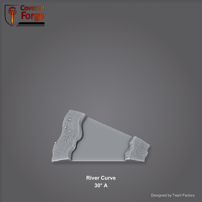 River Curve 30 degree A section of the Modular River System - a 30-degree river curve. Unpainted 3D-printed resin water terrain tile shown from a raised top-down view, 32/28/15/8mm tabletop wargaming scenery, designed by Txarli Factory.