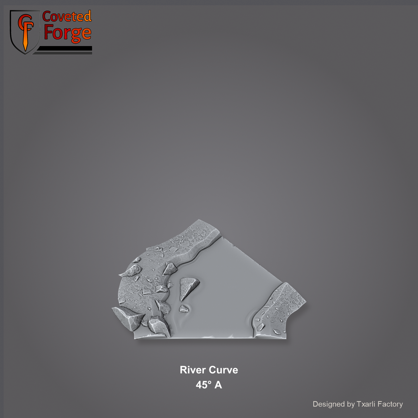 River Curve 45 degree A section of the Modular River System - a 45-degree river curve. Unpainted 3D-printed resin water terrain tile shown from a raised top-down view, 32/28/15/8mm tabletop wargaming scenery, designed by Txarli Factory.