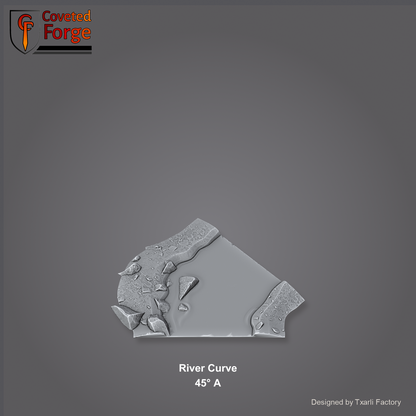 River Curve 45 degree A section of the Modular River System - a 45-degree river curve. Unpainted 3D-printed resin water terrain tile shown from a raised top-down view, 32/28/15/8mm tabletop wargaming scenery, designed by Txarli Factory.