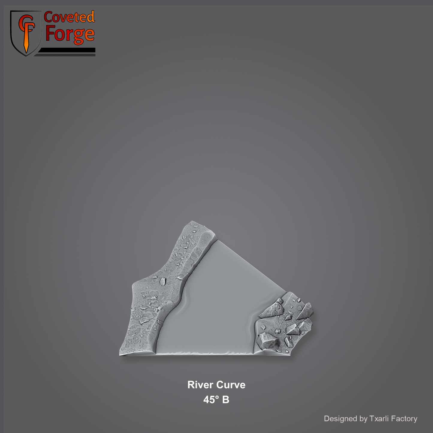 River Curve 45 degree B section of the Modular River System - a 45-degree river curve. Unpainted 3D-printed resin water terrain tile shown from a raised top-down view, 32/28/15/8mm tabletop wargaming scenery, designed by Txarli Factory.