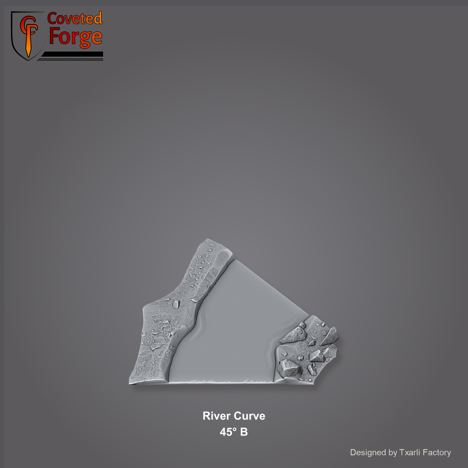 River Curve 45 degree B section of the Modular River System - a 45-degree river curve. Unpainted 3D-printed resin water terrain tile shown from a raised top-down view, 32/28/15/8mm tabletop wargaming scenery, designed by Txarli Factory.